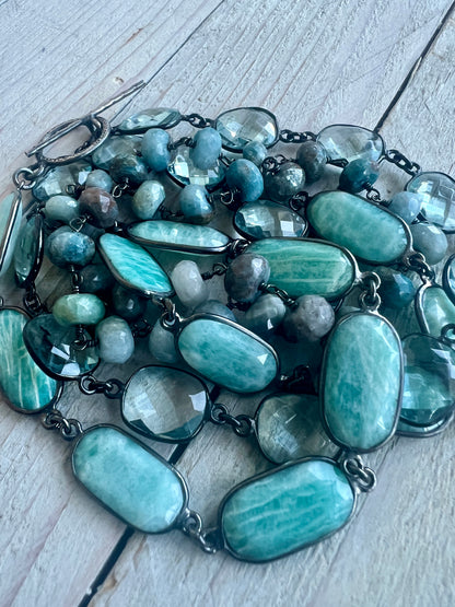 Beautiful aqua mix of green silverite, aqua crystal quartz, and Amazonite stones long necklace. 38”