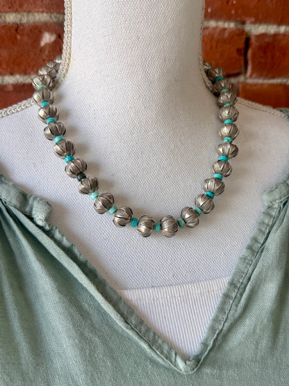 Stamped fine silver rounds with turquoise spacers necklace. 17-20”