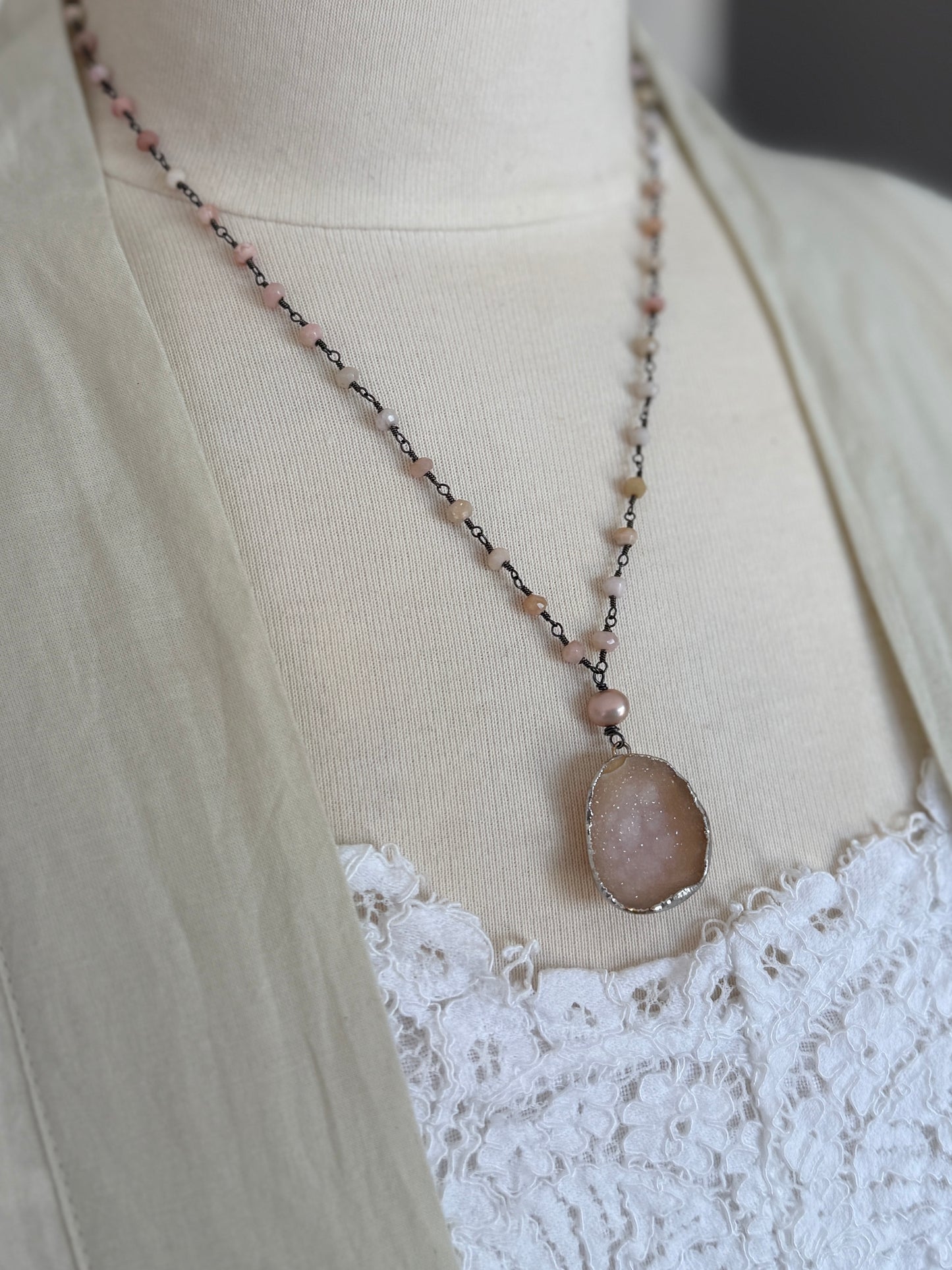 Pink druzie on faceted pink Opal wire wrapped chain adjustable necklace. 19-20”