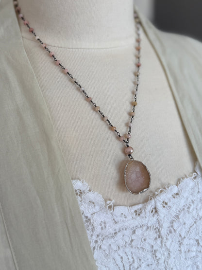 Pink druzie on faceted pink Opal wire wrapped chain adjustable necklace. 19-20”