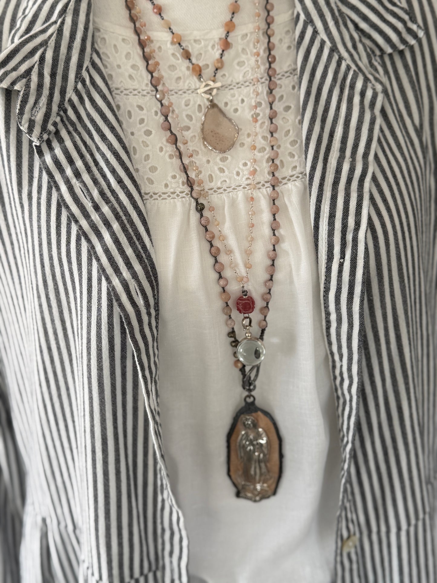 Pink Peruvian Opal with carved pink jade bead and sterling locket necklace.