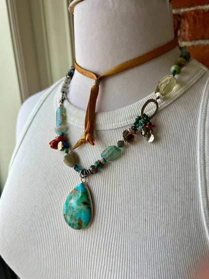 Turquoise teardrop on assorted gemstones adjustable boho luxe necklace.