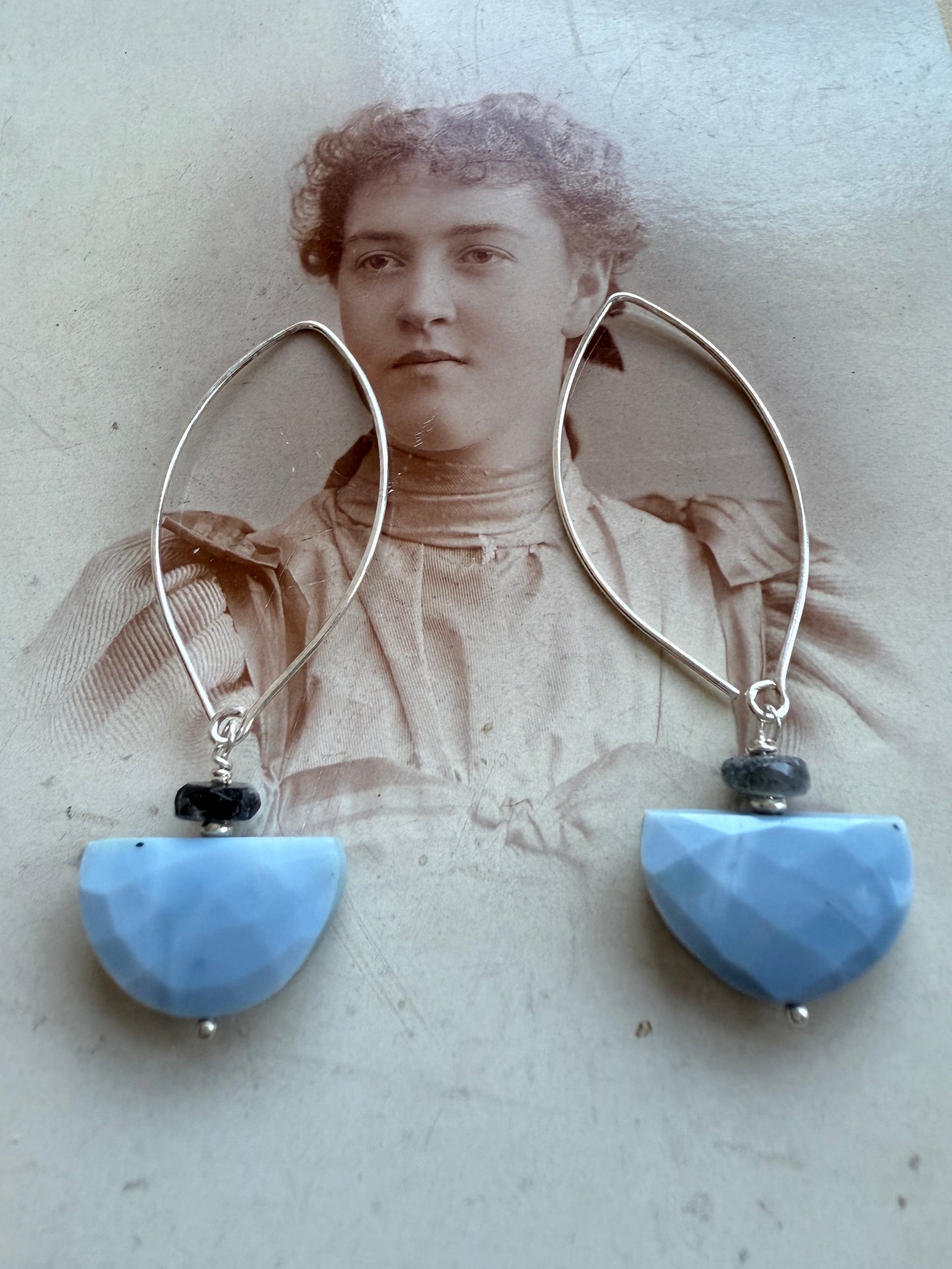 African Opal half moon and iolite earrings. Sterling earwire.