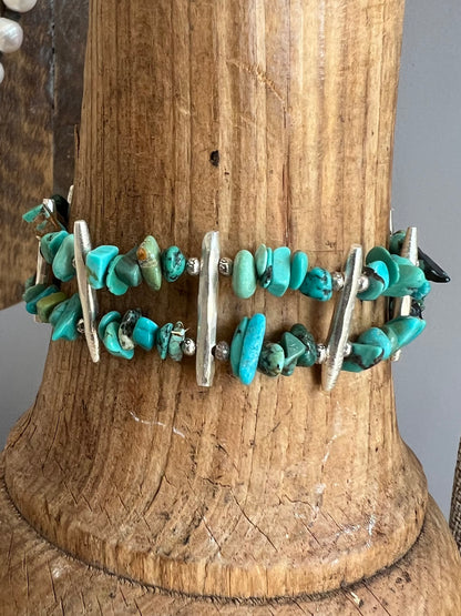 Turquoise and fine silver ladder bracelet. Fits 7-8” wrists.