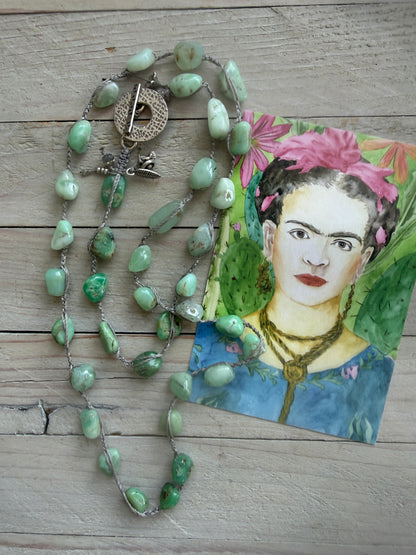 Long braided chrysoprase necklace with fine silver hammered toggle.