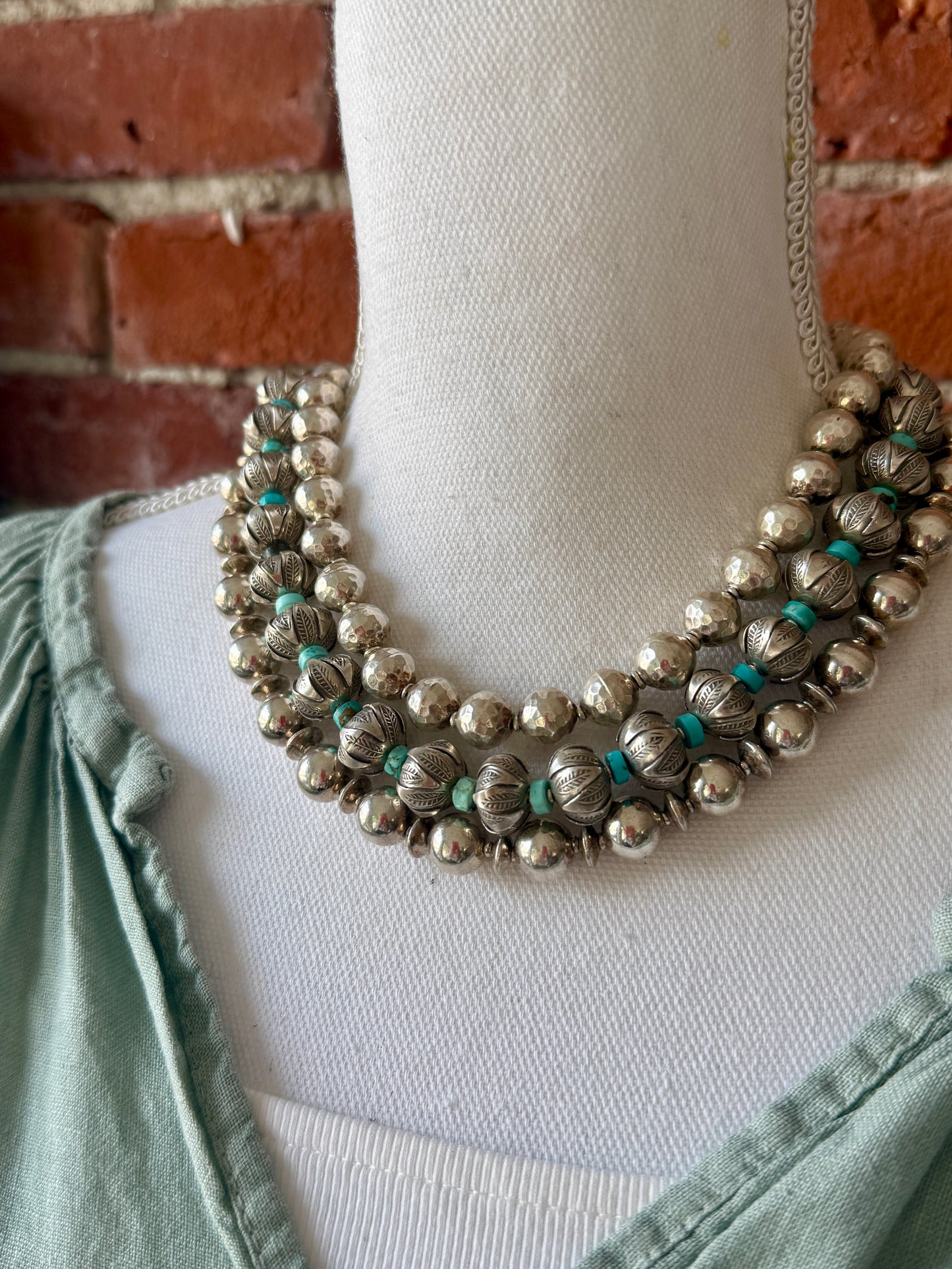 Stamped fine silver rounds with turquoise spacers necklace. 17-20”