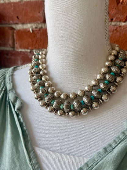 Stamped fine silver rounds with turquoise spacers necklace. 17-20”