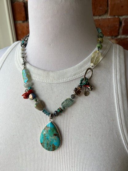 Turquoise teardrop on assorted gemstones adjustable boho luxe necklace.