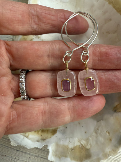 Rose quartz with pink topaz inlay on sterling earrings.