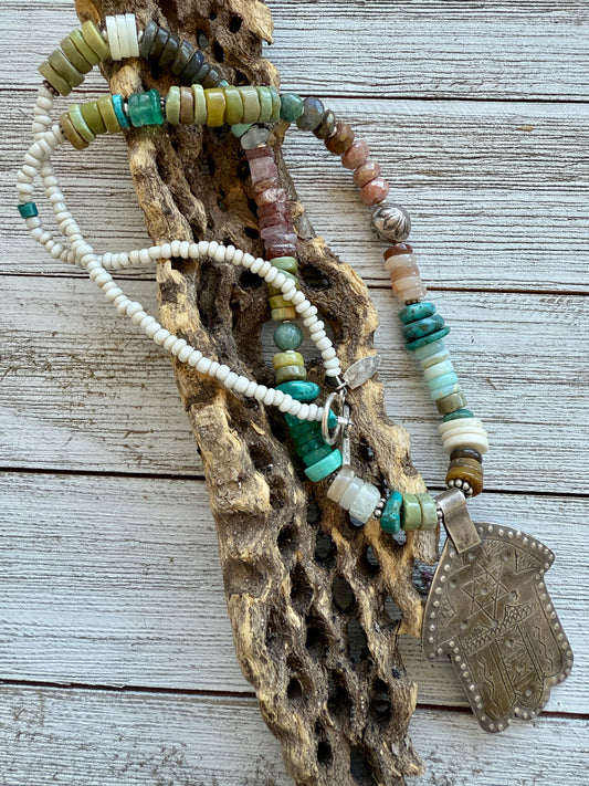 Very old Ethiopian hamsa made from old Sterling on turquoise, moonstone, bumblebee jasper necklace.