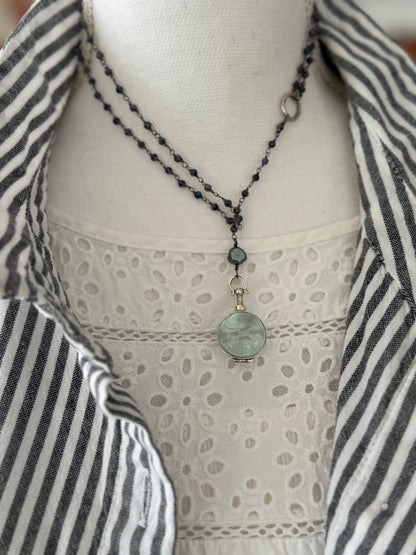 Sapphire chain with blue pearl and sterling locket necklace.