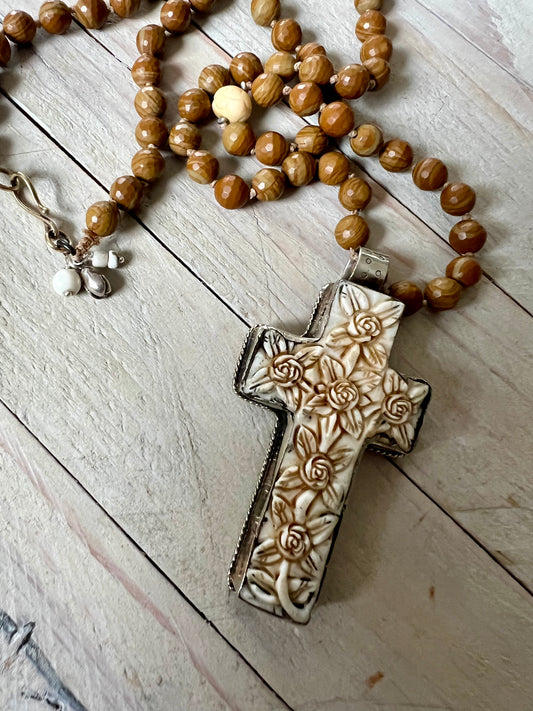 Carved Tibetan cross on wood agates, hand knotted long necklace.