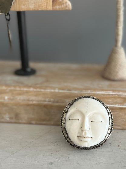 Large carved bone Tibetan ring. Adjustable.