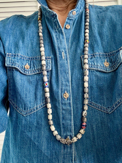Dark grey barrel beads with colorful trade beads adjustable long necklace.