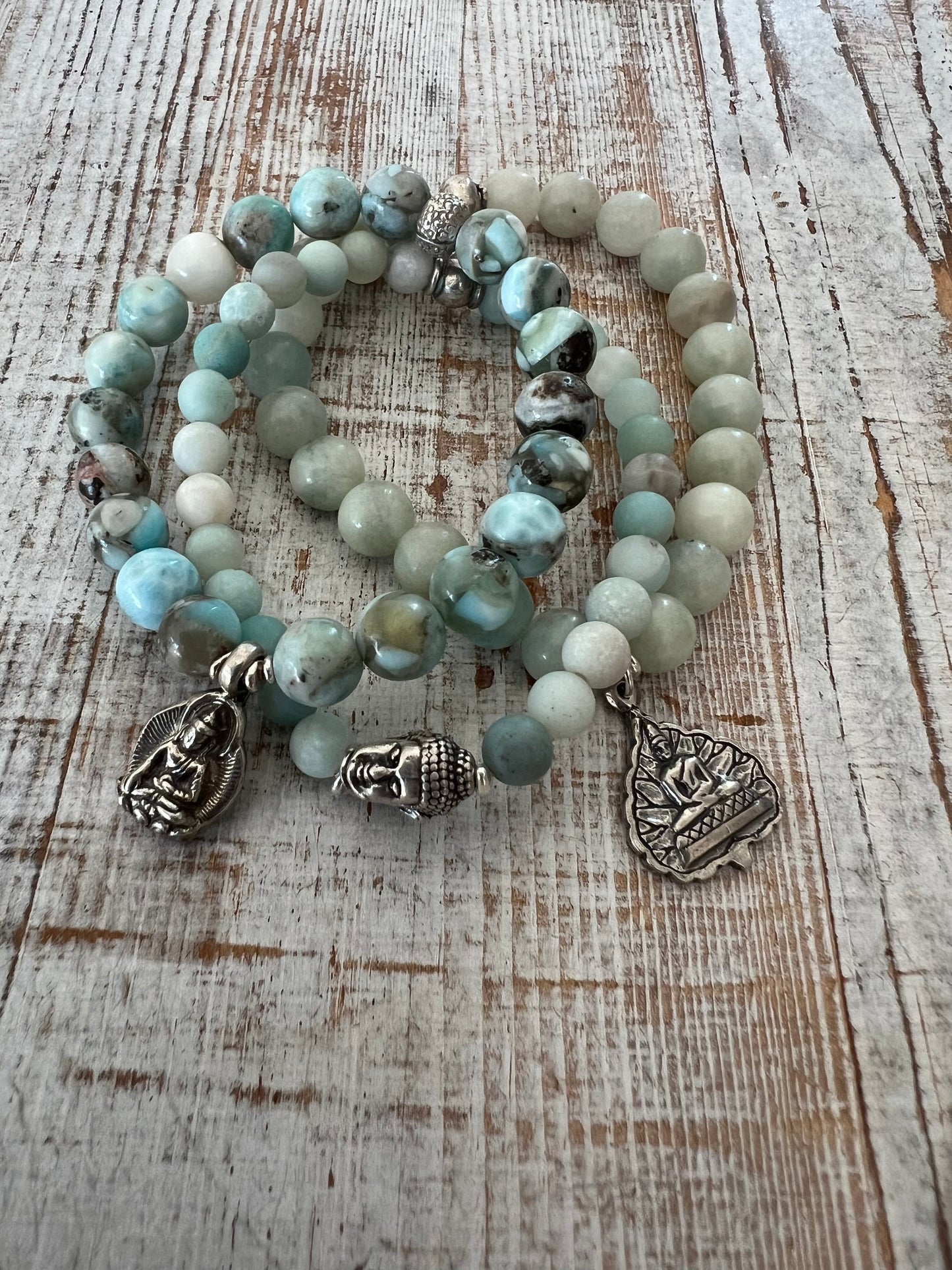 Sitting Buddha charm on Amazonite stack bracelet