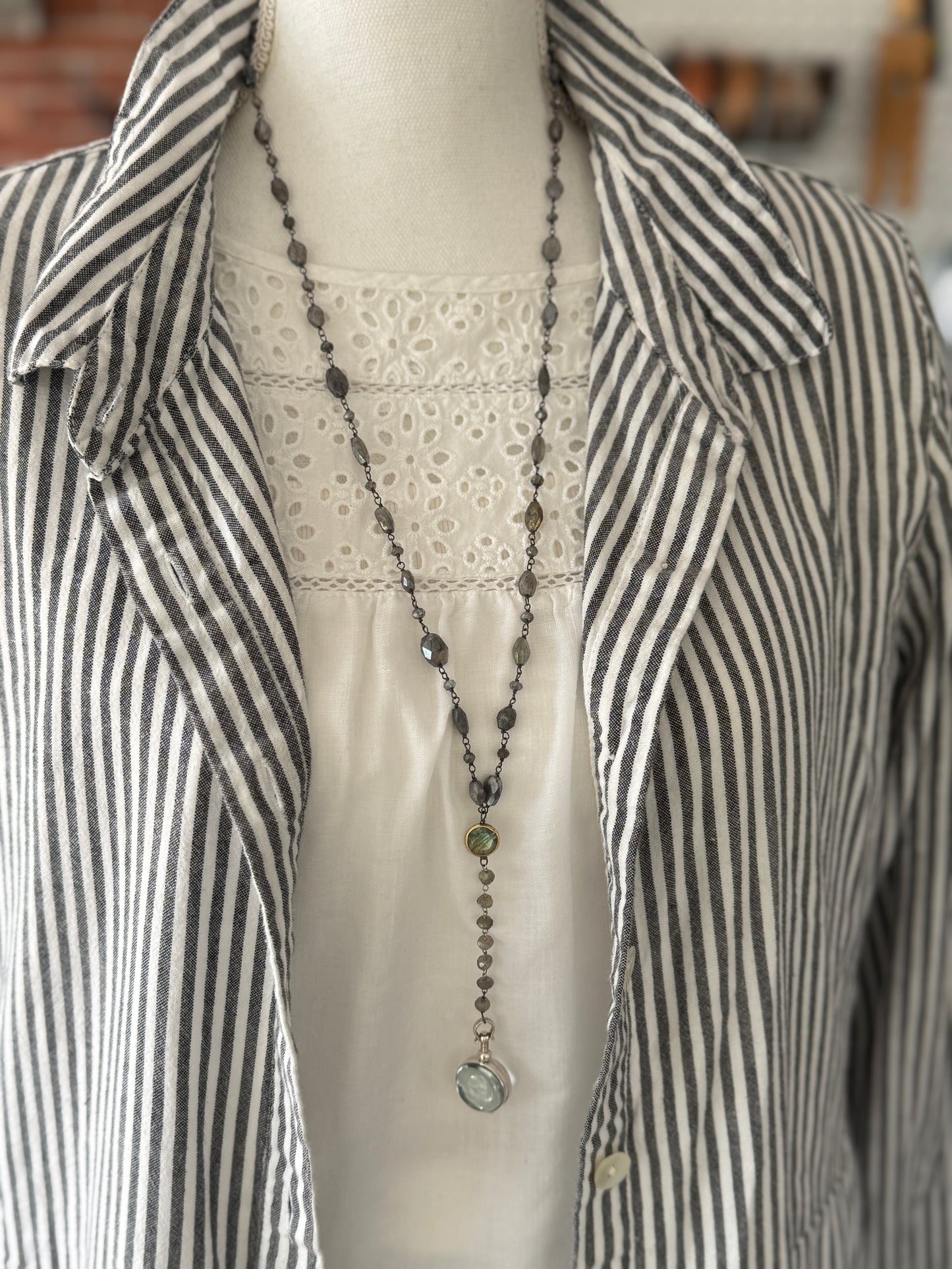 Faceted labradorite chain with labradorite in bezel and sterling silver locket Y necklace.
