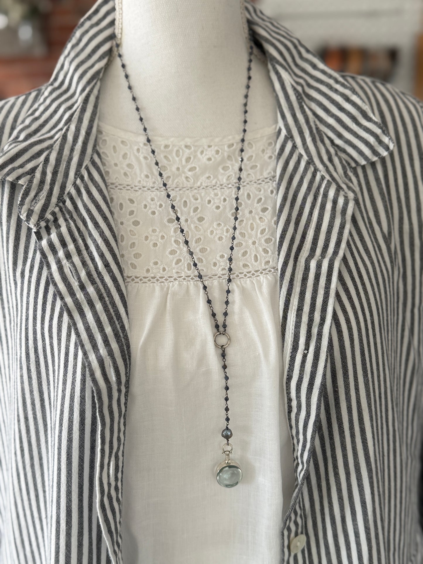 Sapphire chain with blue pearl and sterling locket necklace.