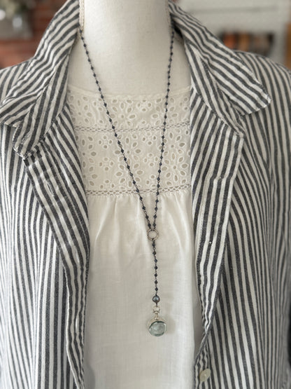 Sapphire chain with blue pearl and sterling locket necklace.