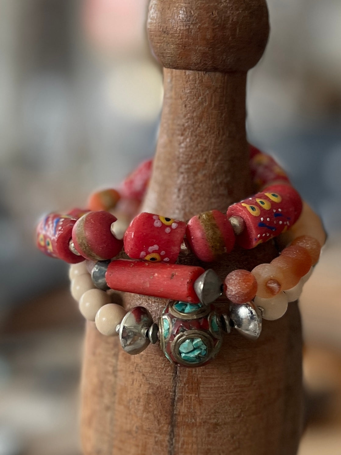 Coral krobo glass stretch stack bracelet. 7”