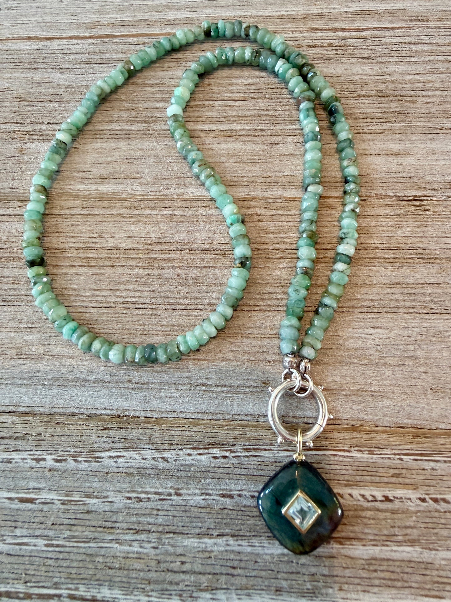 Labradorite and topaz pendant on faceted amazonite with sterling hinge clasp necklace. 17”
