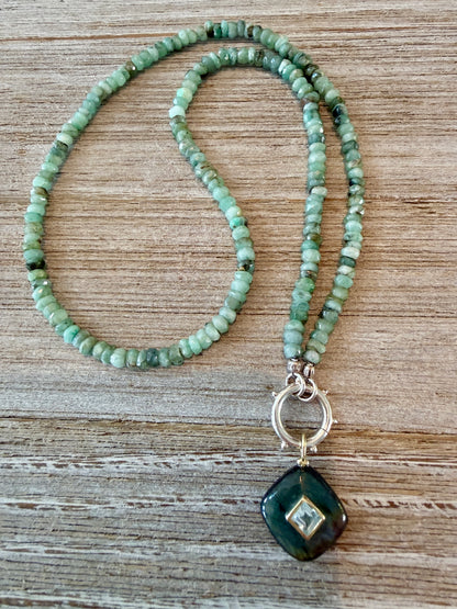 Labradorite and topaz pendant on faceted amazonite with sterling hinge clasp necklace. 17”
