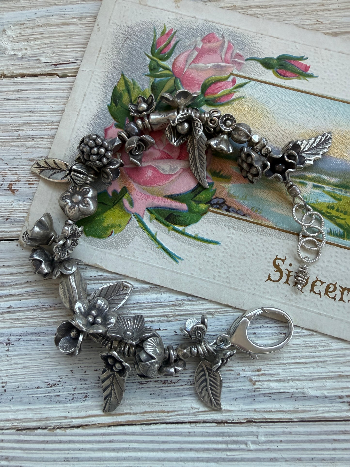 Fine silver leaves and flowers bracelet 7-8”.