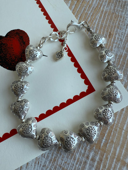 Fine silver stamped heart bracelet with extender chain. 7.5-8.5”