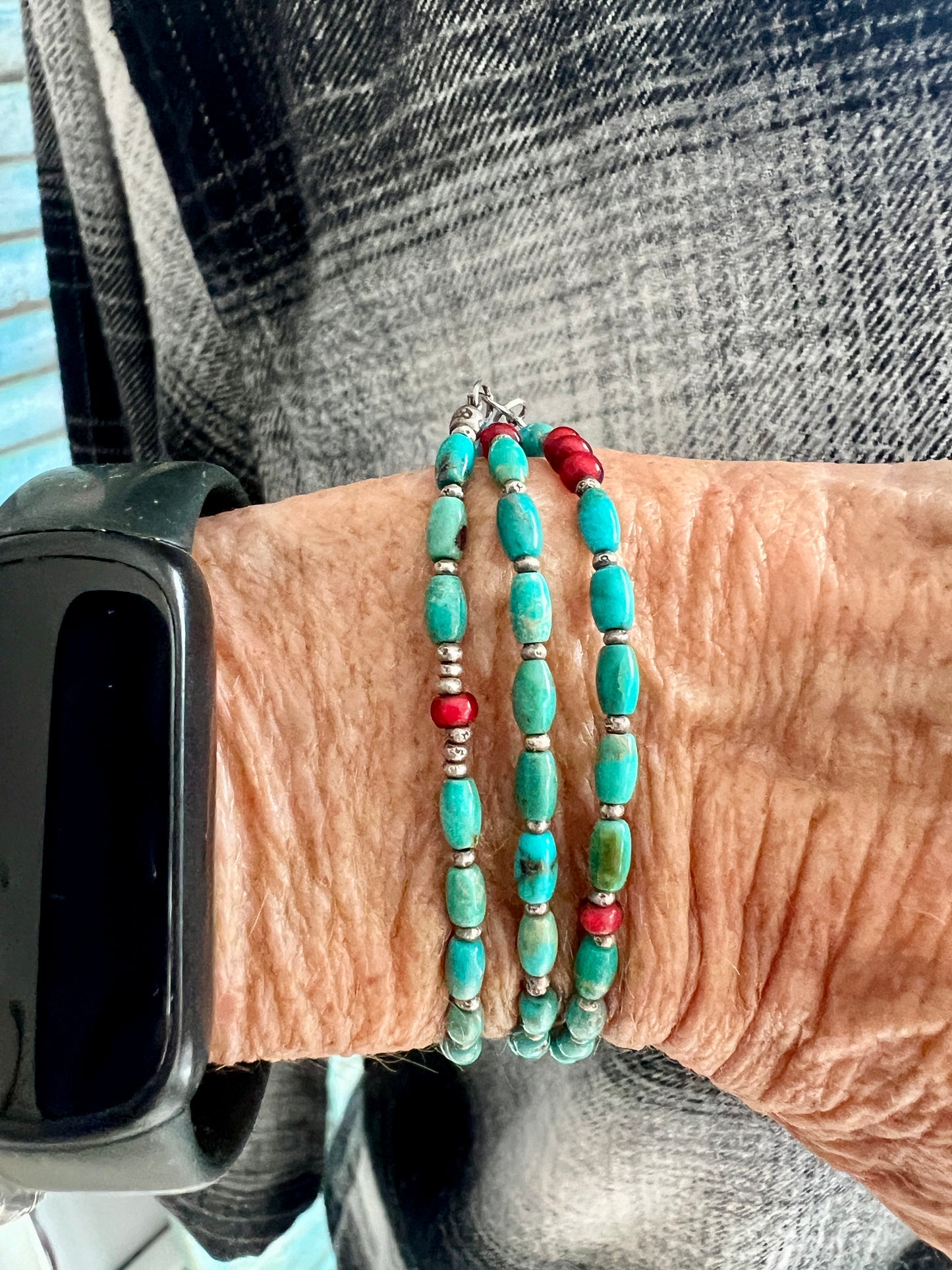 Delicate turquoise and white heart (red) trade beads necklace. 17-18.5”.