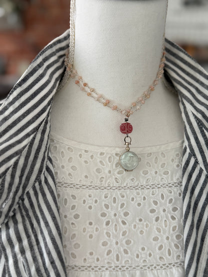 Pink Peruvian Opal with carved pink jade bead and sterling locket necklace.