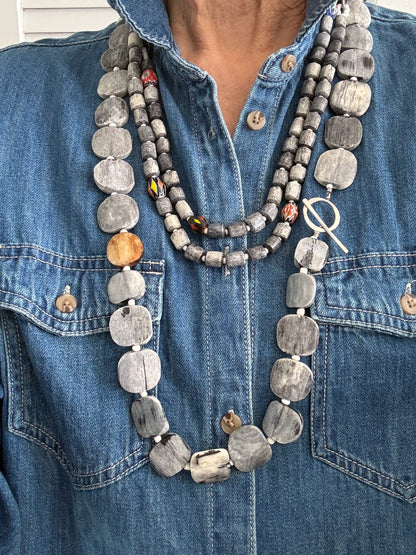 Dark grey barrel beads with colorful trade beads adjustable long necklace.