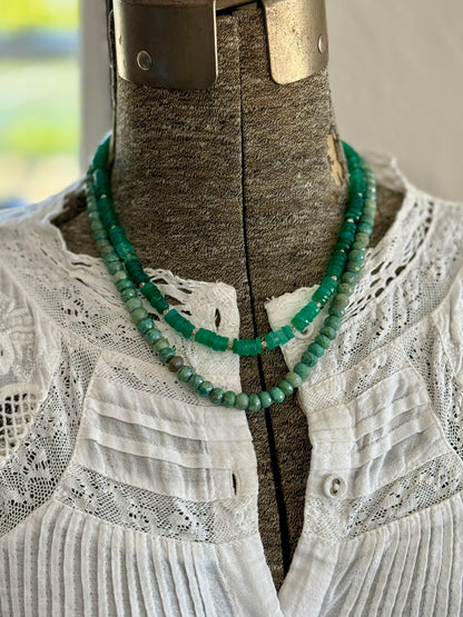 Green onyx short necklace with fine silver cube accents. Fine silver toggle clasp. 17”.