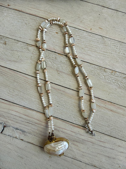 White shell pendant with moonstone and natural pearl necklace.