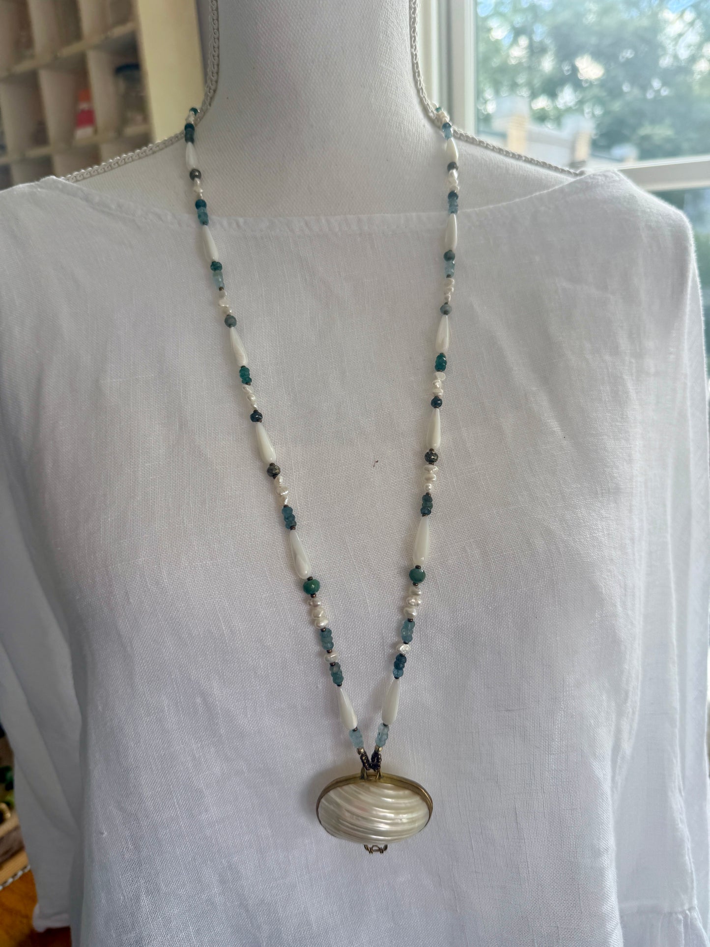 Vintage shell ring box pendant with MOP, pearls, aquamarine, apatite, and pyrite necklace.