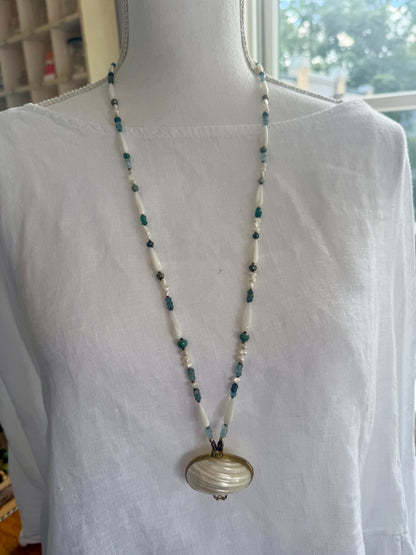 Vintage shell ring box pendant with MOP, pearls, aquamarine, apatite, and pyrite necklace.