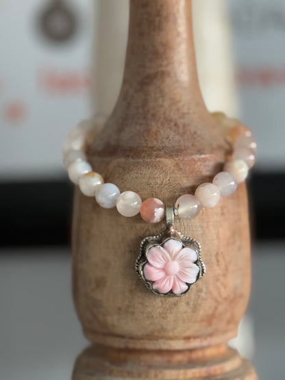 Cherry blossom agate beads with pink Peruvian Opal flower charm stack bracelet from Tibet. 7”