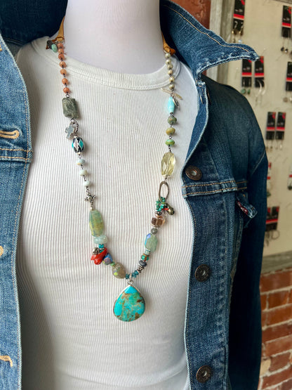 Turquoise teardrop on assorted gemstones adjustable boho luxe necklace.