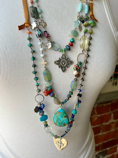 Turquoise teardrop on assorted gemstones adjustable boho luxe necklace.