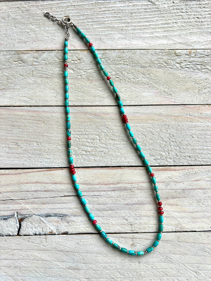 Delicate turquoise and white heart (red) trade beads necklace. 17-18.5”.