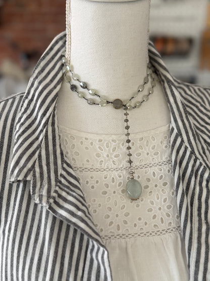 Faceted mystic prehenite wire wrapped chain with chalcedony and labradorite and sterling locket necklace.