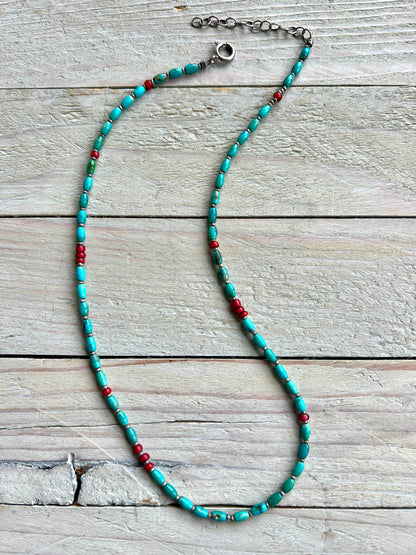 Delicate turquoise and white heart (red) trade beads necklace. 17-18.5”.