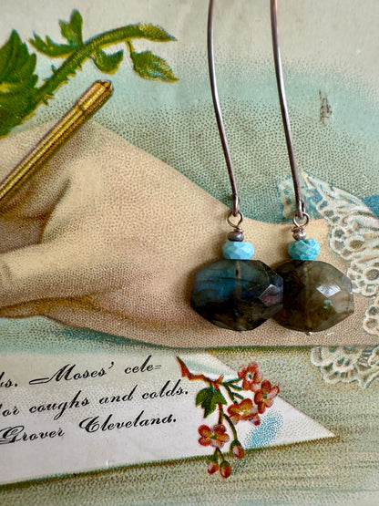 Faceted labradorite and turquoise dangle earrings on sterling ear wires.