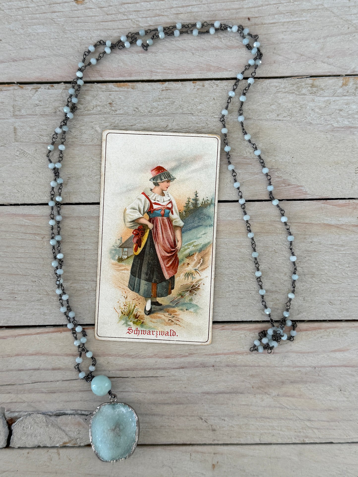Aqua druzie pendant on Amazonite chain necklace. 32”
