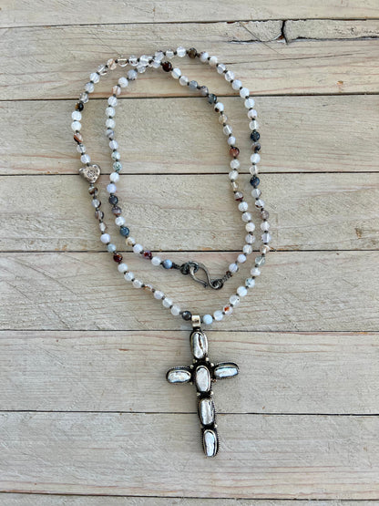 Pearl cross on knotted agates with fine silver heart accent. 44” necklace.