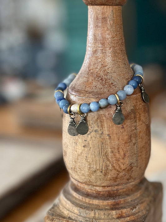 Matte blue aventurine beads with handmade bronze paddle dangles stack stretch bracelet. 6-6.5”