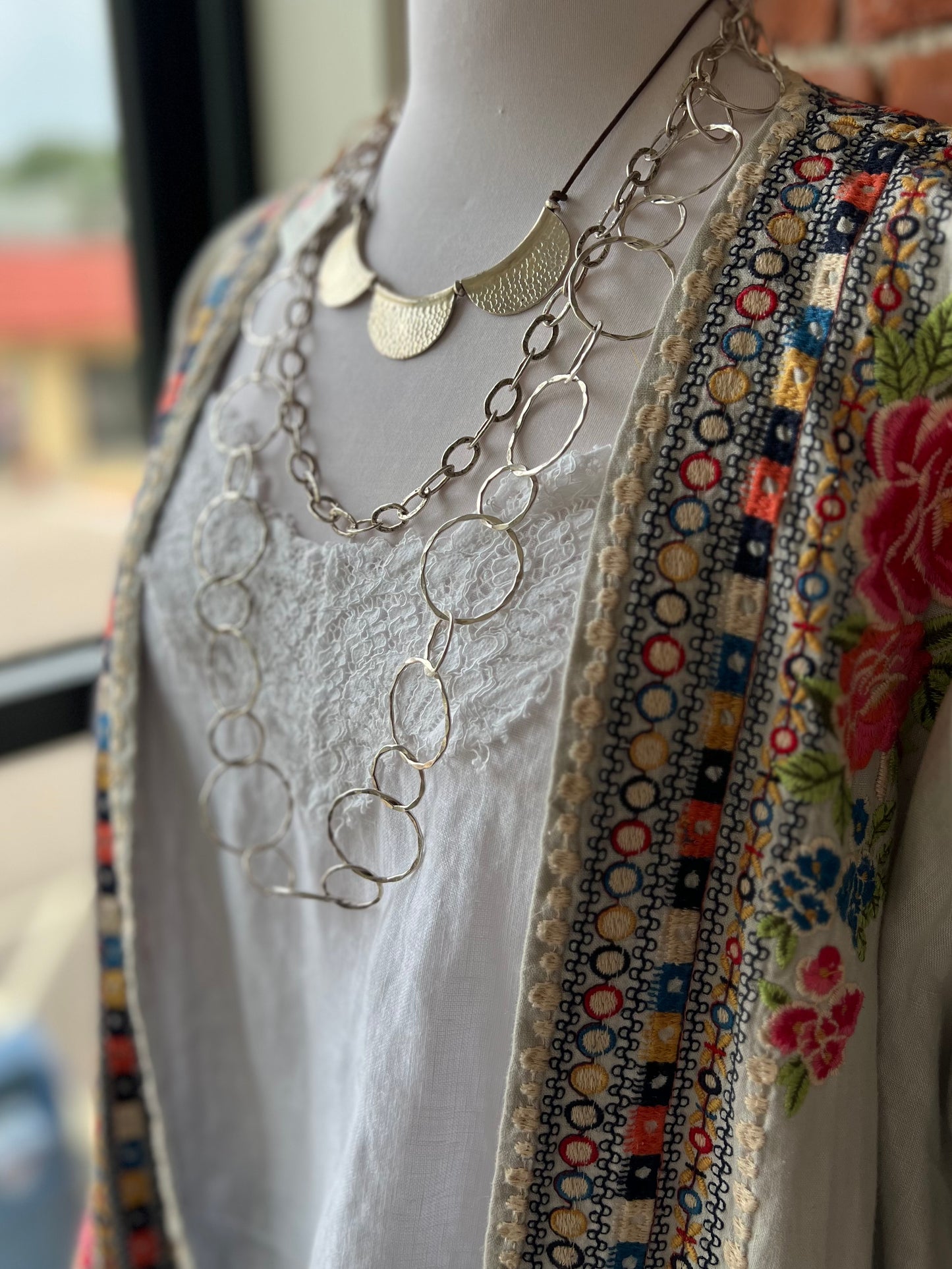 Hammered fine silver moons on leather. Boho necklace.