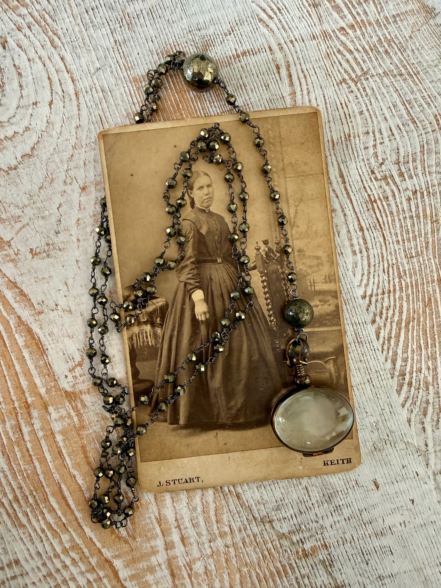 Tiny faceted pyrite chain  with sterling silver locket Y necklace.