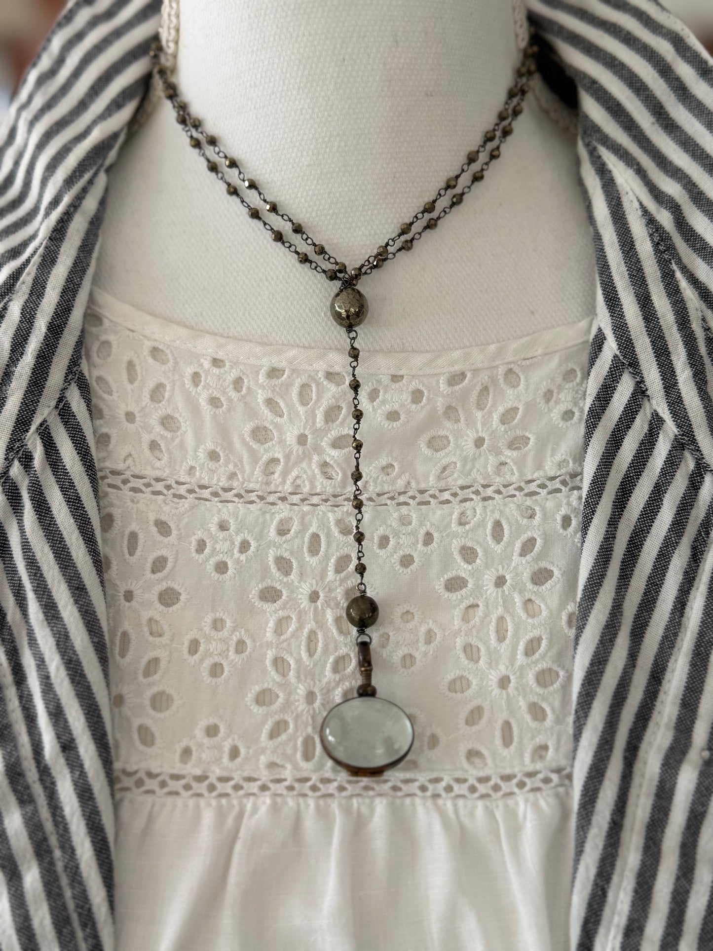 Tiny faceted pyrite chain  with sterling silver locket Y necklace.