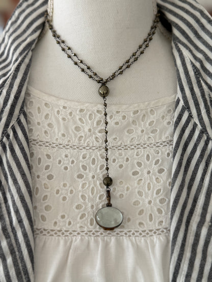 Tiny faceted pyrite chain  with sterling silver locket Y necklace.