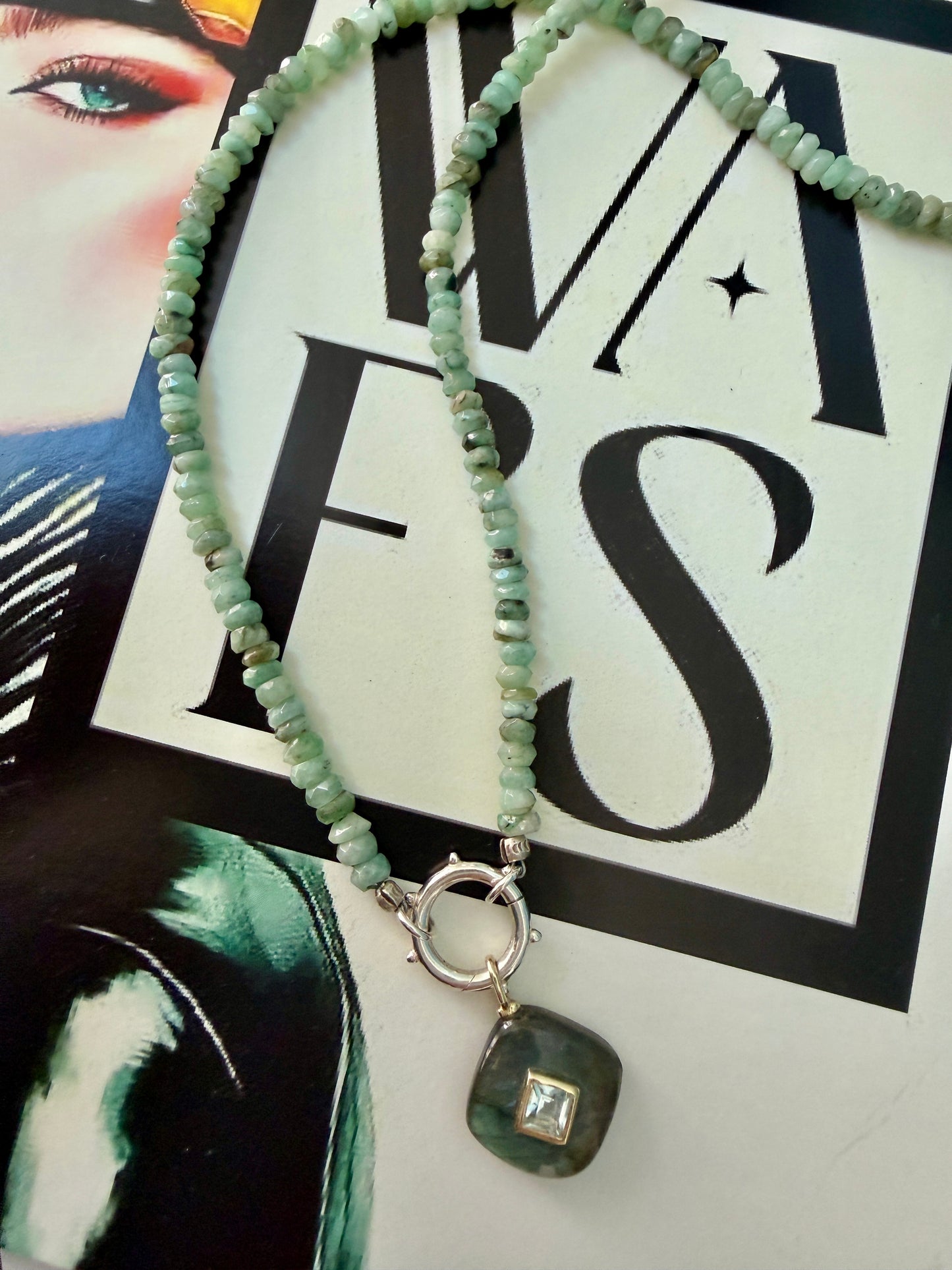 Labradorite and topaz pendant on faceted amazonite with sterling hinge clasp necklace. 17”