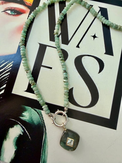 Labradorite and topaz pendant on faceted amazonite with sterling hinge clasp necklace. 17”
